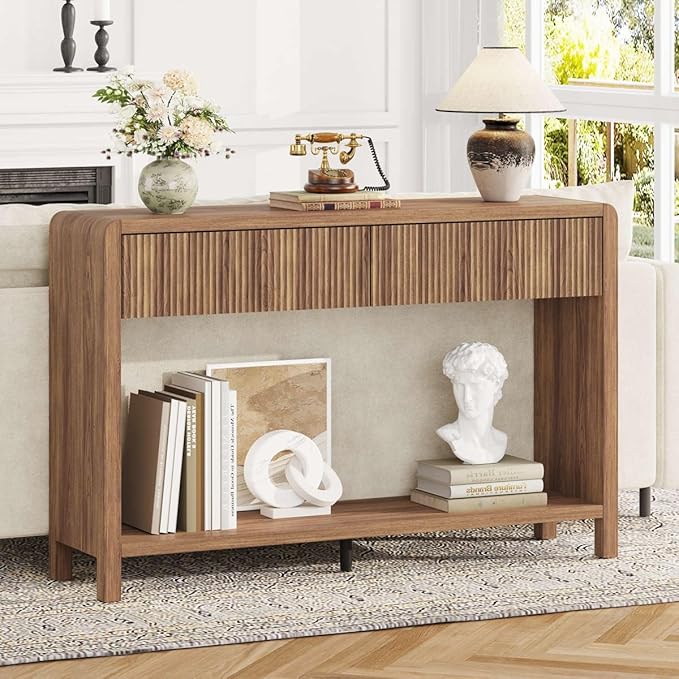 FATORRI Console Sofa Table for Entryway, Wood Foyer Tables for Living Room, Farmhouse Couch Table behinde Sofa with 2 Drawers for Hallway Storage (47.2 inch, Walnut)