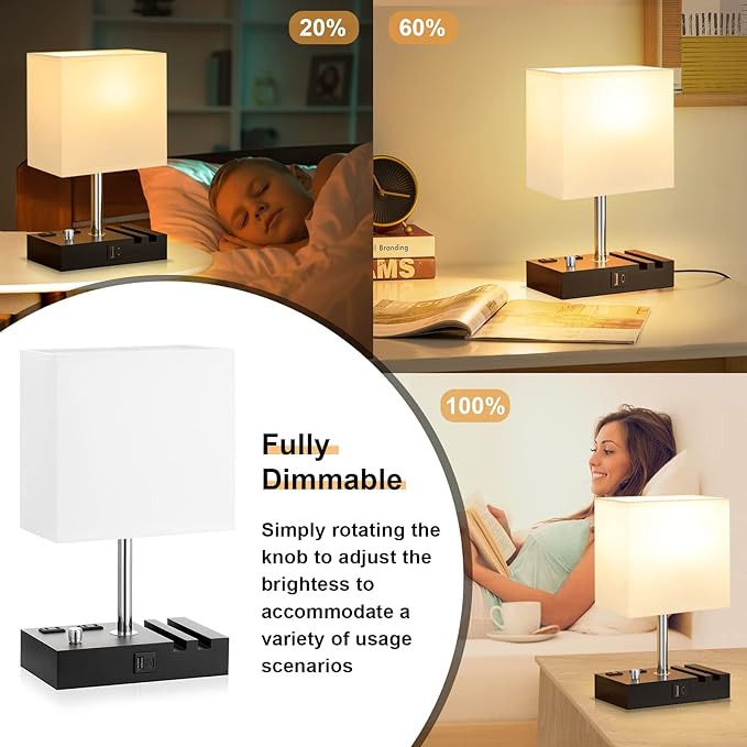 Fully Dimmable Bedside Lamps for Bedroom with USB C Ports, Kakanuo White USB Table Lamp Set of 2, Wooden Desk Lamp with 2 Charging Outlets and Phone Stand for Nightstand and Living Room, Bulb Included