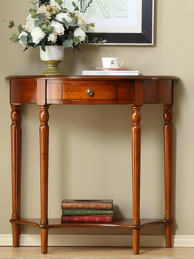 Solid Wood Console Table with Drawer, Semi-Circle Entryway Storage Shelf, Half-Moon Porch Table Side Elegant Vintage Sofa for Living Room (39.4" L x 15.7" W x 34.4" H)