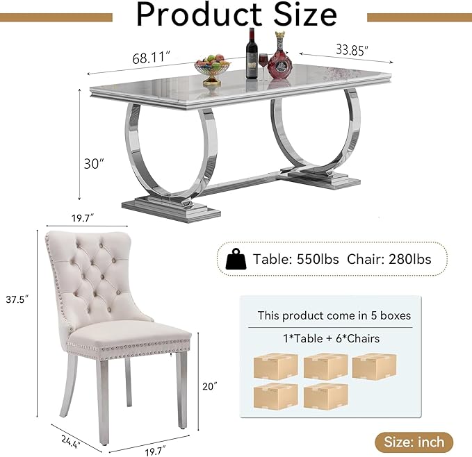 Goujxcy 68" Faux Marble Dining Table Set for 6, 7-Piece Dining Set with White Silver Kitchen Table and 6 Velvet Tufted Chairs, Modern Rectangular Dining Room Table with O-Shape Stainless Steel Base