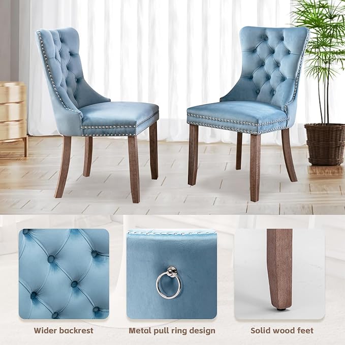 SoarFlash Kitchen Table and Chairs for 2, 31.5" Dining Table Set for 2 with Velvet Upholstered Chairs, 3 Piece Round Kitchen Table Set, Dining Room Table Set for Small Space, Apartment, Sky-Blue/White