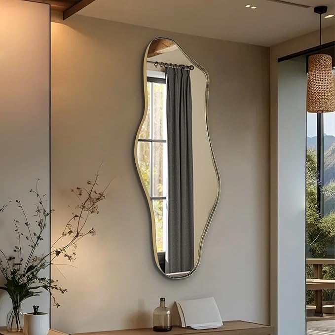Large Irregular Mirror, Gold Asymmetrical Mirrors, 55"x25.6" Abstract Full Length Mirrors with Metal Frame, Cloud Shaped Mirror for Living Room Bathroom Bedroom Hallway Entryway Fireplace