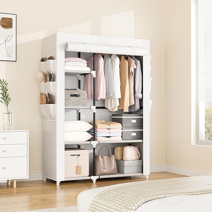 VTRIN Wardrobe Closet, 41.7 Inch Wide Portable Closets for Hanging Clothes with 1 Hanging Rod, 6 Shelves, 6 Pockets, Clothes Rack with Cover Portable Wardrobe Closet for Bedroom, Dorm, White
