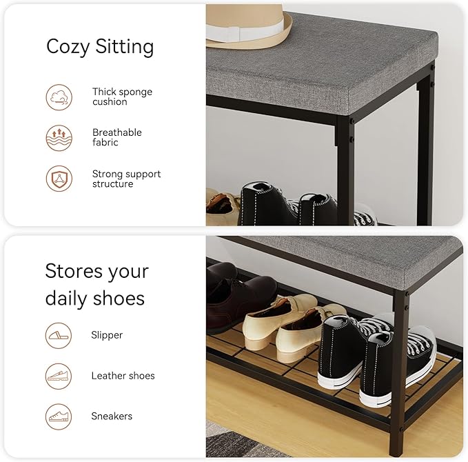 Shoe Bench, 43.3" Entryway Bench with Cushion Seat, Shoe Rack Bench with Storage, Modern Style, Holds Up to 350 lb, for Living Room, Bedroom, Hallway, Grey