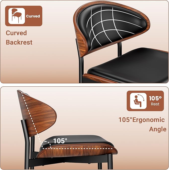 Dining Chairs Set of 2, Dining Room and Kitchen Chairs, Mid Century Modern Retro Chair, Upholstered PU Leather Chairs for Vanity with Walnut Bentwood and Metal Legs (Black)