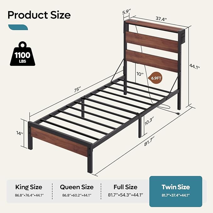 Bestier Twin Bed Frame with Storage Headboard and Charging Station, Walnut Platform Bed Frame with LED Light, Non-Slip Metal Bed Frame, Noise-Free, Easy Assembly,Brown