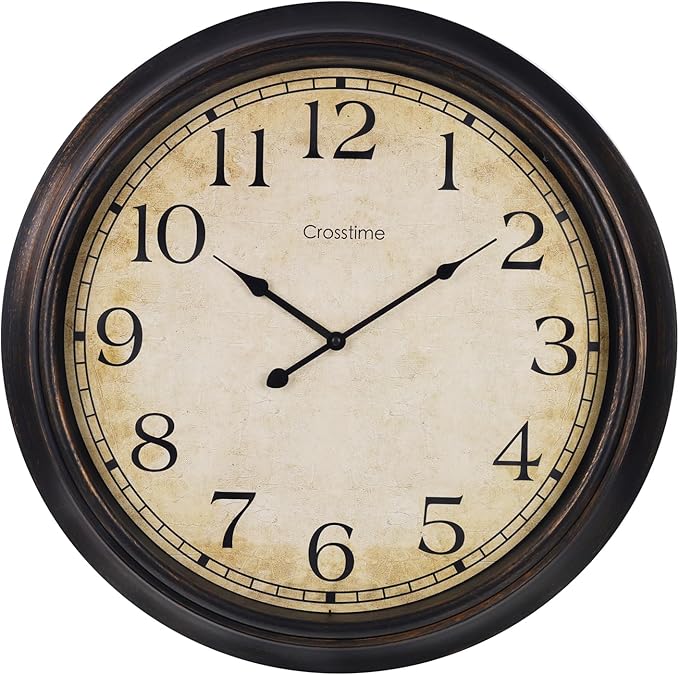 24 Inch Wall Clock Battery Operated Silent Round Vintage Large Wall Clocks for Living Room Farmhouse Decor, Black-Brown