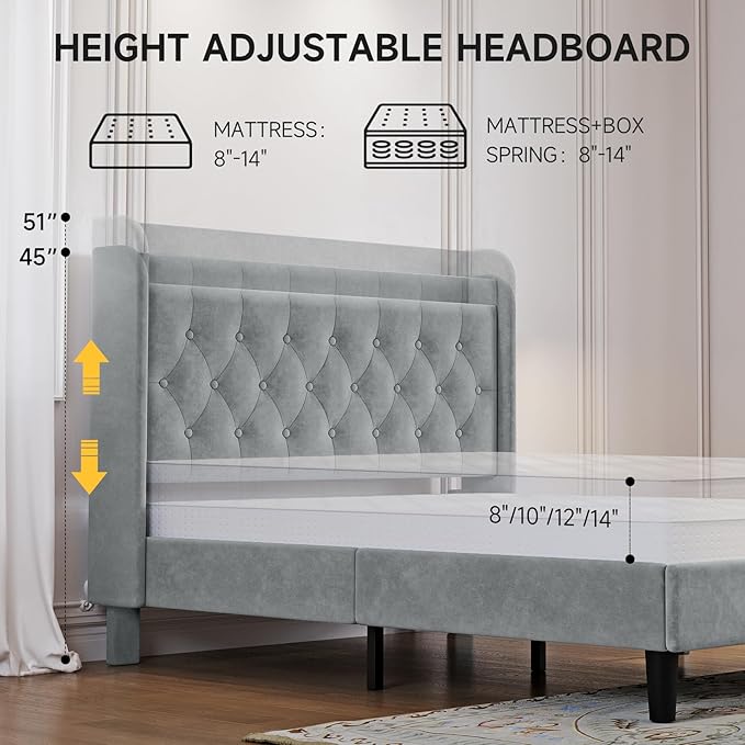 koorlian Full Size Bed Frame, Full Bed Frame with Headboard, Adjustable Velvet Upholstered Bed Frame with Type-C&USB Port, Wingback Storage Headboard, Solid Wood Slats Support, Noiseless, Light Gray