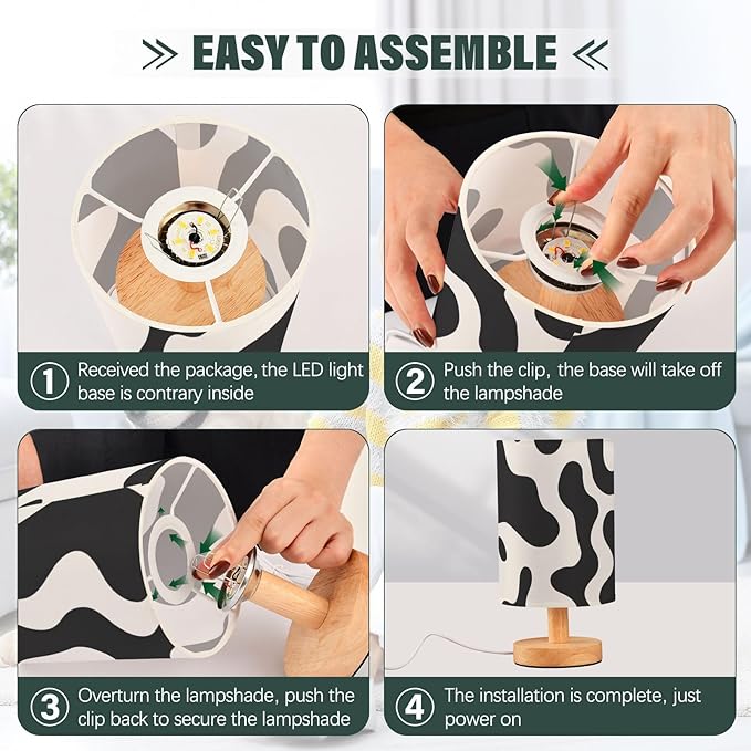 Bedside Lamp Black White Cow Print Table Lamp with USB Port Wood Base for Living Room,Bedroom,Nightstand,Office 202a3295