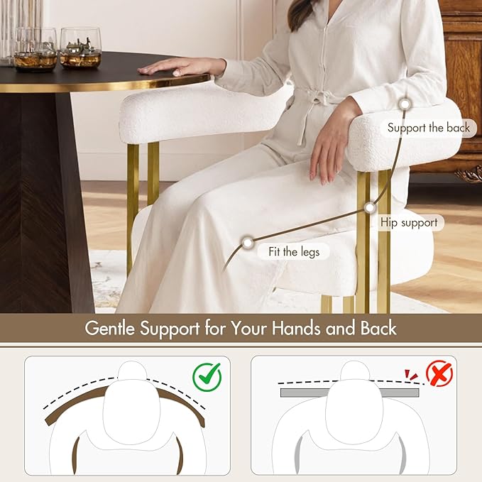 Set of 6 Modern White Boucle Dining Chairs with Gold Metal Legs, Mid Century Accent Upholstered Barrel Armchairs with Open-Back for Kitchen, Dining Room, Living Room, Apartment