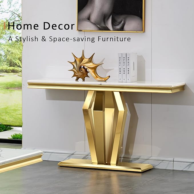 Gold Console Table, White and Gold Sofa Table, 50-inch Entryway Table with Polished Geometric Base for Living Room, Hallway