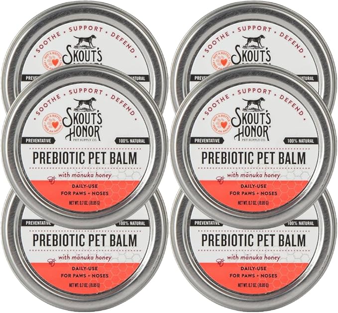 SKOUT'S HONOR Prebiotic Pet Balm - 100% Natural and Made w/Manuka Honey to Promote Healing of Your pet's paw Pads and Nose, Soothes Dry, Itchy Paws and Noses - Safe for Cats and Dogs, 0.7 oz, 6-Pack