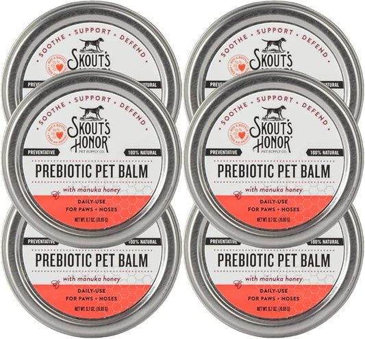 SKOUT'S HONOR Prebiotic Pet Balm - 100% Natural and Made w/Manuka Honey to Promote Healing of Your pet's paw Pads and Nose, Soothes Dry, Itchy Paws and Noses - Safe for Cats and Dogs, 0.7 oz, 6-Pack