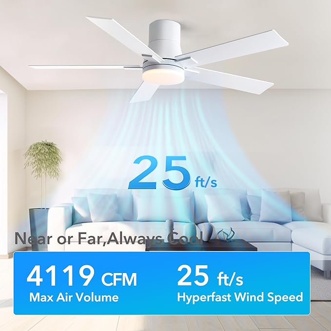 Rayqueen 52 Inch Ceiling Fans with Lights and Remote, Flush Mount White Ceiling Fan, 6 Speed Reversible DC Motor, 3CCT Dimmable LED-Low Profile Design for Bedroom, Living room & Covered Outdoor
