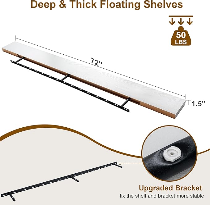 Fun Memories 72Inch Floating Shelves,Wall Mounted Rustic Wood Floating Shelf with Invisible Brackets for Storage & Decor,2 Pack Shelves for Bathroom,Bedroom and Kitchen,White