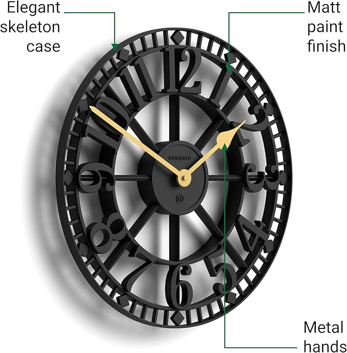 NEWGATE® Warehouse Wall Clock | Skeleton Clock | 16 inch | Black with Brass Hands | Contemporary Vintage Style for Kitchen, Living Room or Office
