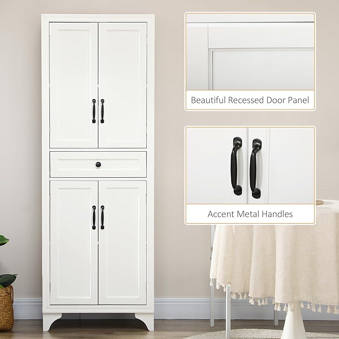 HOMCOM 67" Tall Freestanding Kitchen Pantry Cabinet, 4-Door Storage Cabinet with Drawer and Adjustable Shelves for Dining Room, White