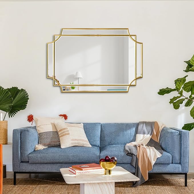 Rectangle Beveled Mirror, 36"x24" Bathroom Vanity Mirrors for Over Sink, Modern Elegant Decorative Mirrors for Wall, Gold Wood Frame Mirrors for Living Room Bedroom Fireplace Entryway