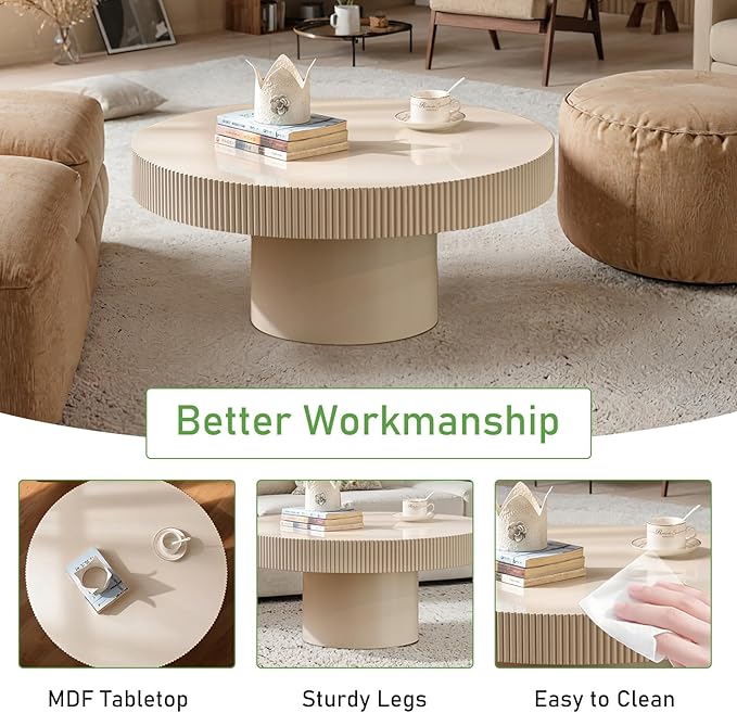 Round Coffee Table for Living Room, 30.71'' Modern Handcraft Drum Coffee Table Unique Fluted Coffee Tables Wood Center Table End Table for Small Space, Farmhouse Apartment Office (White Thin)