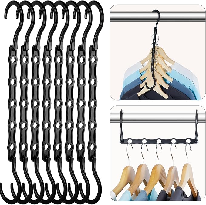 HOUSE DAY Closet Organizers and Storage, Magic Hangers Space Saving Clothes Hangers, Smart Space Saver Sturdy Plastic Hangers with 5 Holes for Heavy Clothes, College Dorm Room Essentials 8 Pack Black