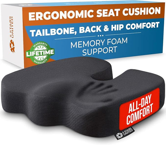 Seat Cushion for Office Chairs - Fits 18"x14" Seats, Tailbone, Coccyx Pain Relief - Butt, Pressure & Sciatica Relief - Gaming, Wheelchair, Car & Desk Pillow, Black