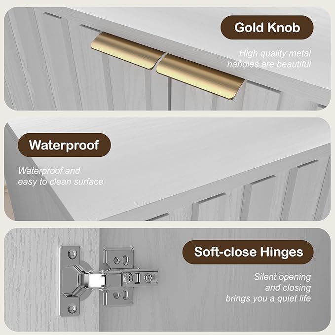 Fluted Cabinet with Storage, Buffet Cabinet Sideborad with Door, Kitchen Buffet Storage Accent Cabinets with Adjustable Shelves for Living Room, Entry, Hallway, White