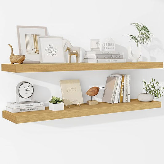 Fun Memories Floating Shelves 48 Inch Long, 9.3Inch Deep Floating Shelves for Wall, Extra Deeper & Thicker Wall Mounted Storage Shelf for Kitchen, Farmhouse, Oak, 2 Pack