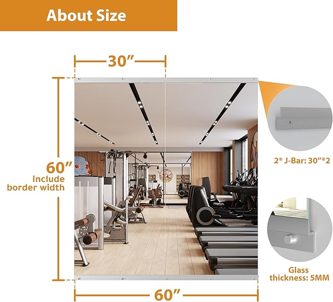 ROOMTEC Home Gym Mirror 60"x30" - 2PCS Frameless Wall Mounted Fitness Mirror, Large Tempered Glass Full Length for Yoga, Dance Studio, Workout Room