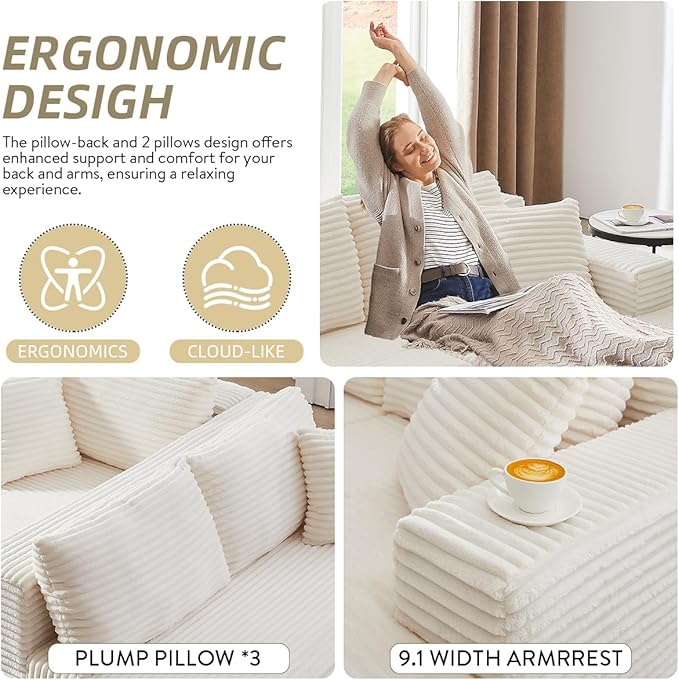 Modular Cloud Sectional Couch with L-Shape Chaise,Modern Upholstered Couches with Deep Seat,Corduroy Sponge Compressed Sofa for Living Room, Bedroom,No Assembly Required(Off White)