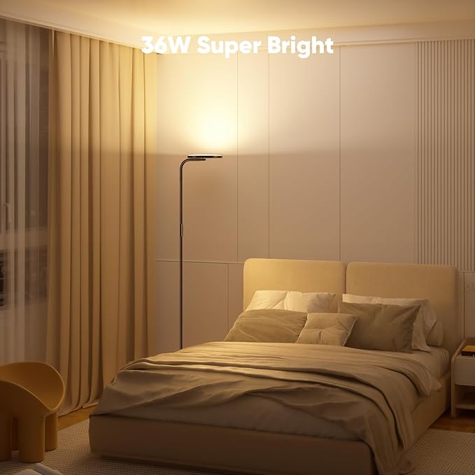 36W LED Floor Lamp, Super Bright Standing Lamp, Modern Stepless Dimmable Torchiere Tall Lamp with Remote Control, 350°Rotating Head Reading Floor Lamp for Living Room, Bedroom, Office - Brown