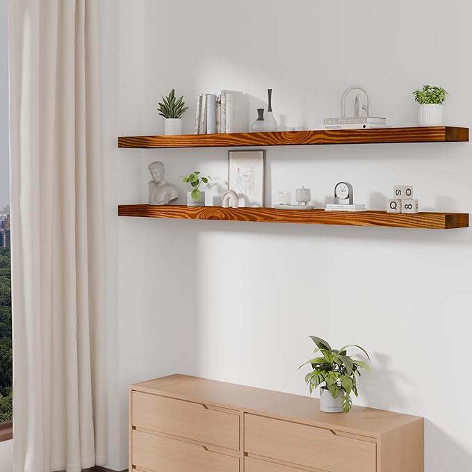 foxsky 72 Inch Solid Pine Wood Floating Shelves for Wall with Hidden Brackets, Rustic Farmhouse Wall Mounted Shelf for Bathroom, Living Room, Bedroom, Kitchen, Office Decor (Honey Oak)