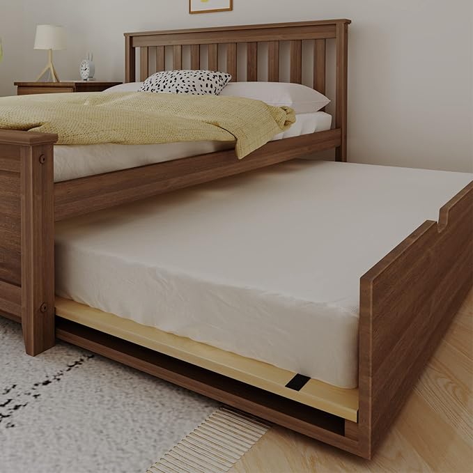 Max & Lily Full Bed, Wood Bed Frame with Headboard for Kids with Trundle, Slatted, Walnut