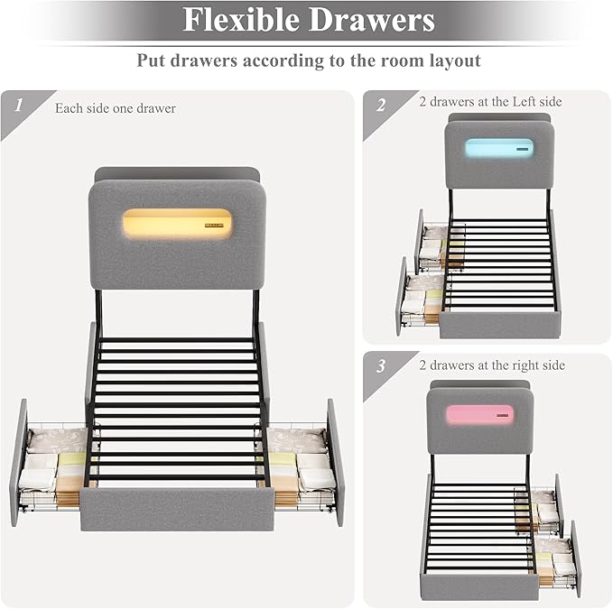 HOSTACK Full LED Bed Frame with Storage Headboard and Charging Station, Boys Bed Frame with 2 Drawers and USB Ports, Velvet Upholstered Platform Bed Frame with Bookcase, No Box Spring Needed, Grey