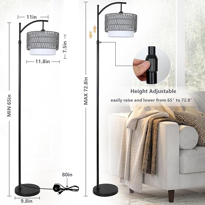 Floor Lamps for Living Room, Arc Standing Lamp with Remote & Dimmable Bulb, Boho Rattan Floor Lamp for Bedroom with 3 Color Temperatures, Farmhouse Tall Lamp, Height Adjustable Stand up Lamp