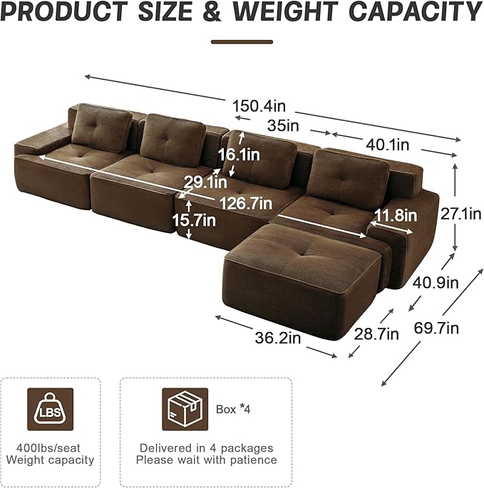 150" Modern Compressed Boneless Couch with Ottoman, 4 Seater Large L Shaped Sectional Couches for Living Room, Brown Corduroy Cloud Modular Sectional Sofa, Memory Foam, Extra Deep, No Assembly