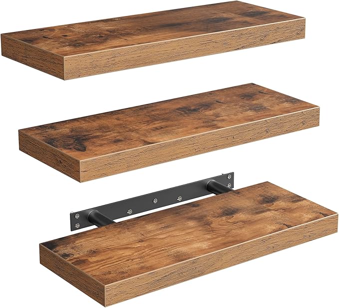 Floating Shelves for Wall, 1.5" Thick Wall Shelf Set of 3 with Invisible Brackets, 15.7L x 7.9W Hanging Shelves Farmhouse Home Decor for Bathroom, Living Room, Bedroom, Rustic Brown 4301BJP3BF