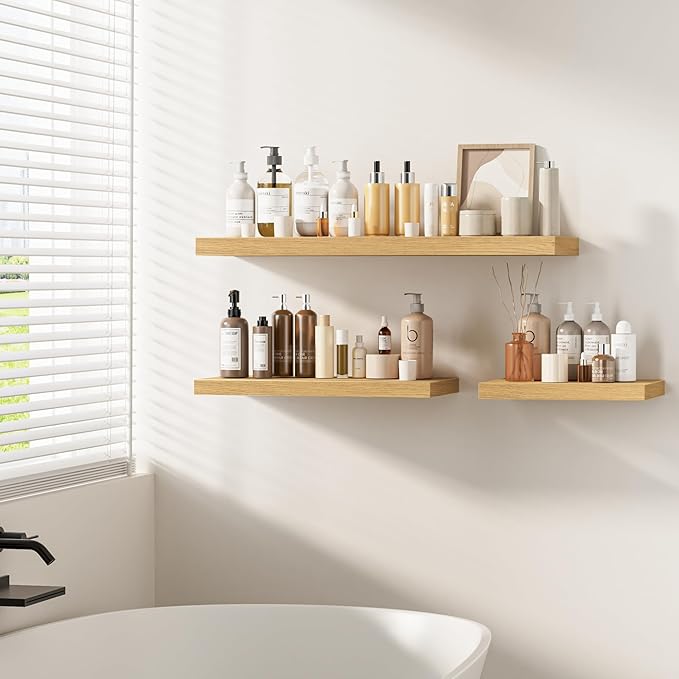 Fun Memories Floating Shelves - 2 Pack 12 Inch Deep Rustic Wooden Wall Shelves - Extra Deeper & Thicker Wall Mounted Storage Shelf for Living Room, Kitchen, Farmhouse - 24" W x 12" D x 1.5" H - Oak