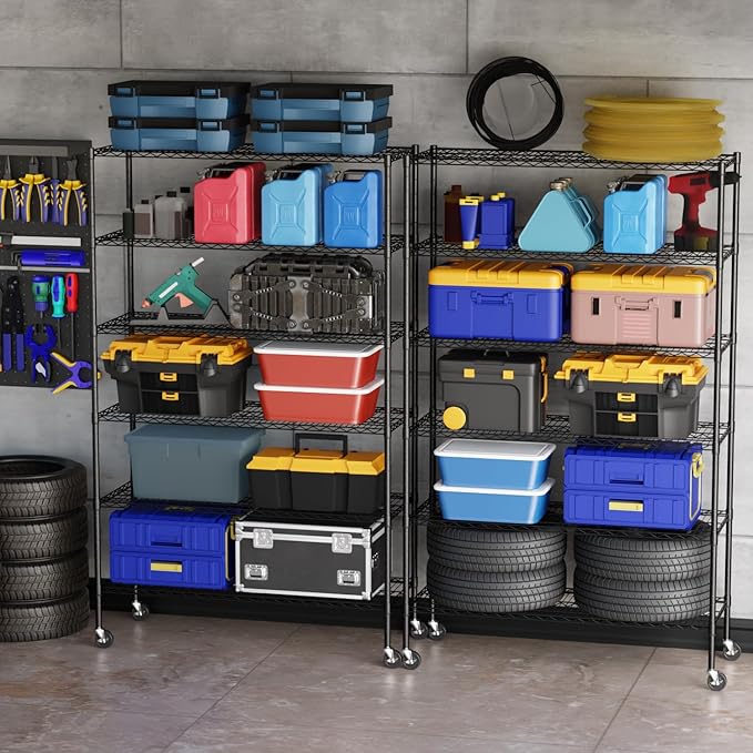 BestOffice Storage Shelves 6 Tier Metal Shelves Adjustable Heavy Duty Garage Shelving Wire Shelving Unit Capacity 6000LBS with Wheels for Kitchen, Garage Pantry Closet Commercial,Black