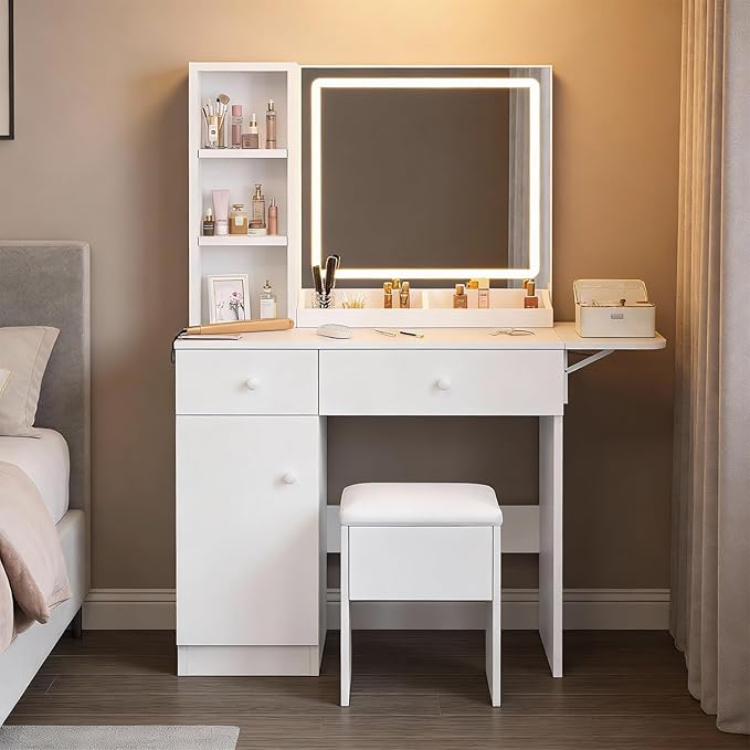 Haewon Makeup Vanity Desk with LED Mirror and Power Outlet, White Dressing Table Set with Storage Chair for Bedroom