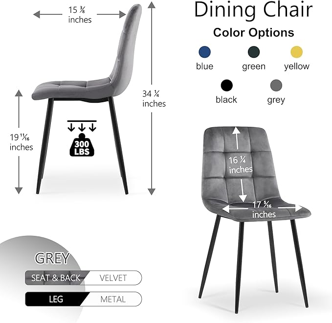 NORDICANA Grey Velvet Dinner Chairs Set of 2, Modern Armless Dining Side Chairs with Metal Legs for Kitchen Living Room Vanity