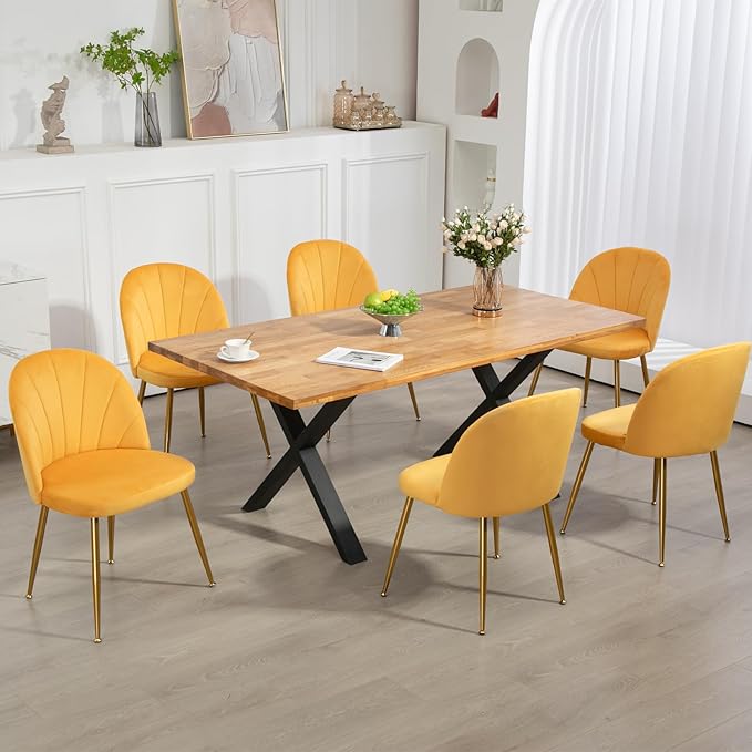 Velvet Dining Chairs Set of 4, Upholstered Mid Century Modern Dining Chairs, Armless Accent Chair with Metal Gold Legs for Living Room, Kitchen, Dining Room, Yellow