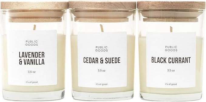 Public Goods 3-Pack Scented Soy Candle Set for Women & Men | Long Lasting & Non Toxic | Made with Natural Soy Wax & Organic Essential Oils | Gift Box | 3.5oz Jars