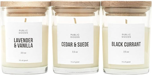 Public Goods 3-Pack Scented Soy Candle Set for Women & Men | Long Lasting & Non Toxic | Made with Natural Soy Wax & Organic Essential Oils | Gift Box | 3.5oz Jars
