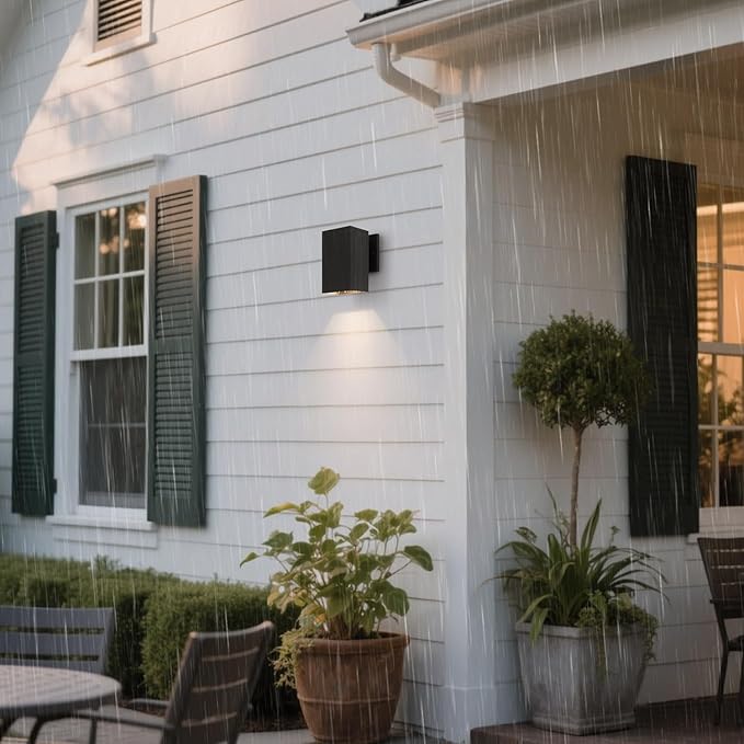 mirrea 7-inch Outdoor Porch Wall Light for House, Waterproof Exterior Sconce for Patio, Wall Mount Lighting Fixture for Front Door, Matte Black Rectangular Downlight for Garage, Set of 2