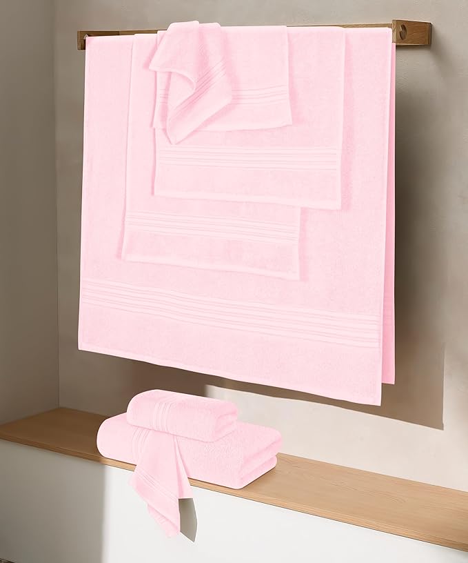 BOUTIQUO 100% Cotton Towel Set, Contains 4 Soft Bath Towel, 6 Hand Towels, 8 Wash Cloths - Compact Absorbent Lightweight & Quickdry Towels for Bathroom - 18 Piece Bathroom Towel Set - Pink