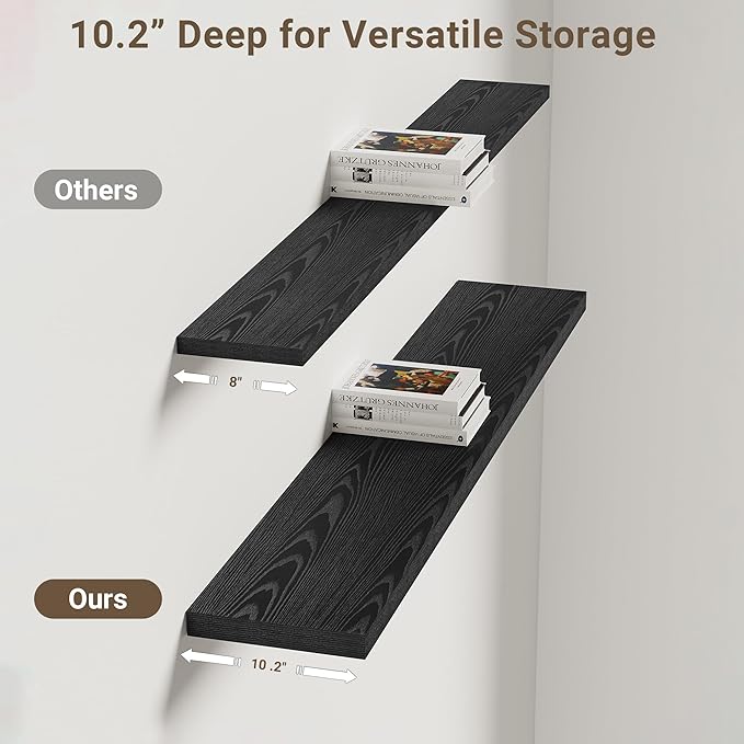 Vivelove 48 Inches Floating Shelves Wall Mounted, 10" Deep Wall Shelves for Bedroom, Bathroom, Living Room, Kitchen, Office, Home Decor, Modern Shelf, Set of 2, Black, 48x10.2x1.5
