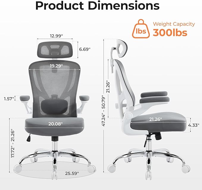 Office Chair Ergonomic Office Chair with Lumbar Support, Head Support, Rocking Function, FILP-up Armrests, Mesh High Back Chair Home Office Desk Chair, Suitable for Home, Office, Grey