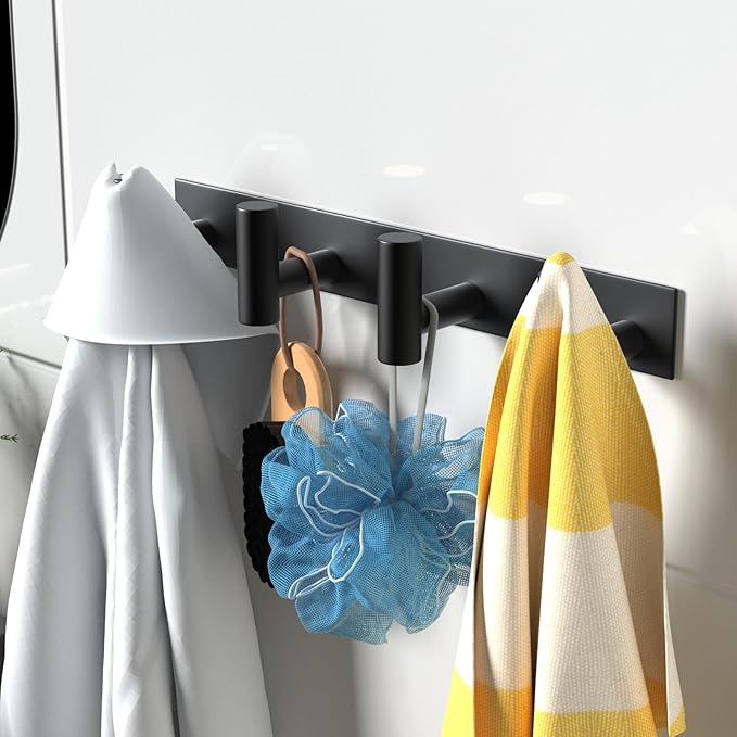 VAEHOLD 2PACK Hat and Coat Wall Mount Rack - 4 Hooks for Robes, Bags, Keys, and Towels - Bathroom Towel Hanger Organizer -Black