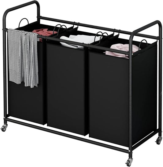 LINZINAR 3-Bag Laundry Basket Hamper Laundry Sorter Cart laundry room organization with Heavy Duty Rolling Lockable Wheels and Removable Bags (Black)