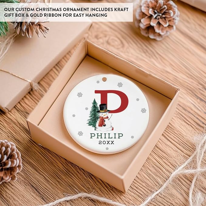 Andaz Press Personalized Ornament, Custom Name, Initial P Monogram Snowman 2.8" Ceramic Porcelain 2025 Christmas Ornament Keepsake for Kids, Boys, Girls, Includes Gold Ribbon & Gift Box, 1-Pack